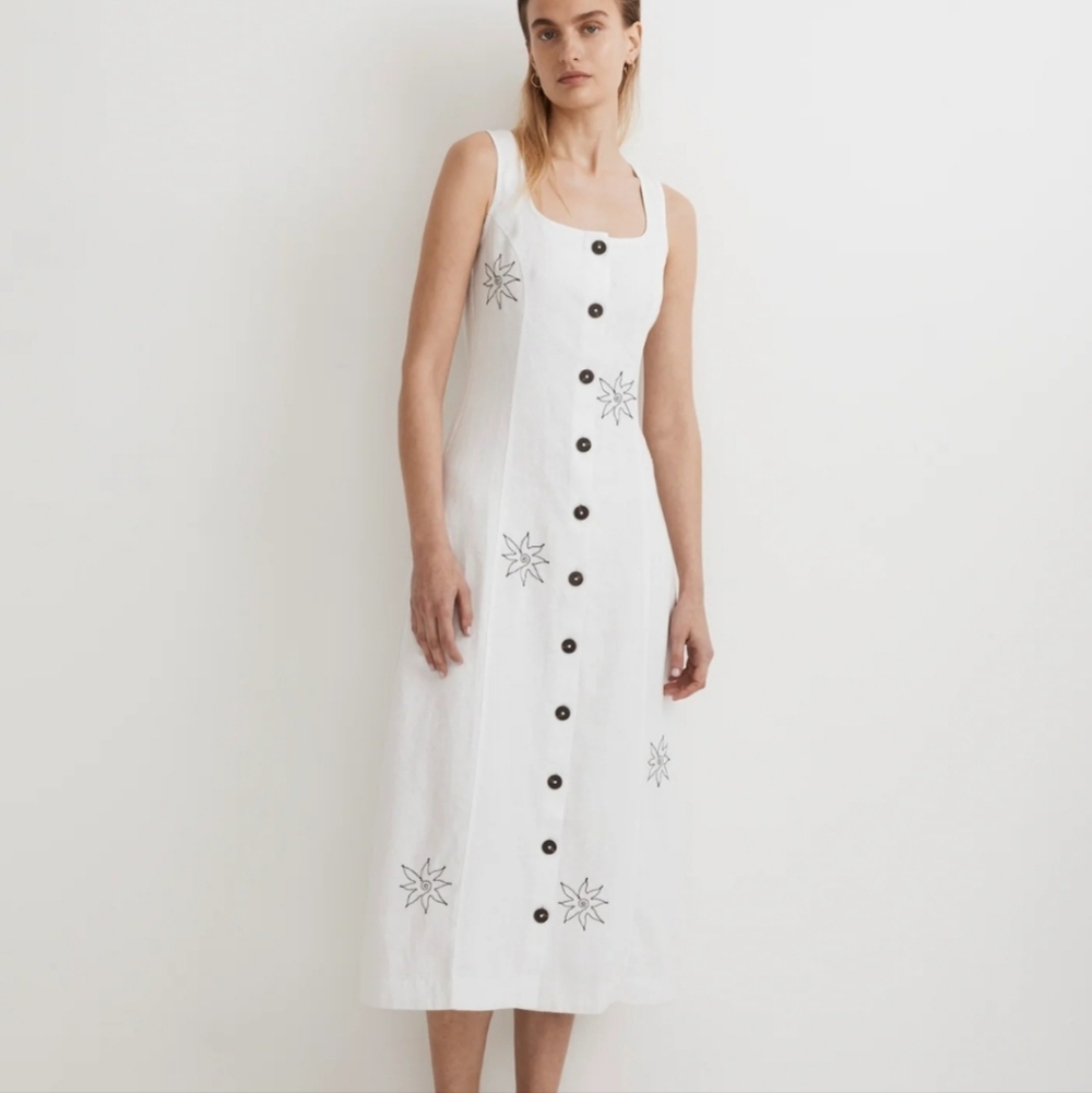 Madewell Linen Button Front Midi Dress White Black Size 8 NL088